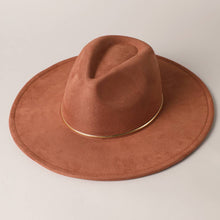 Load image into Gallery viewer, Gold Belt Wide Flat Brim Suede Fedora Hat