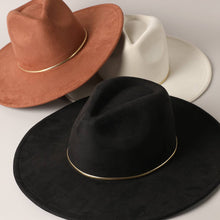 Load image into Gallery viewer, Gold Belt Wide Flat Brim Suede Fedora Hat