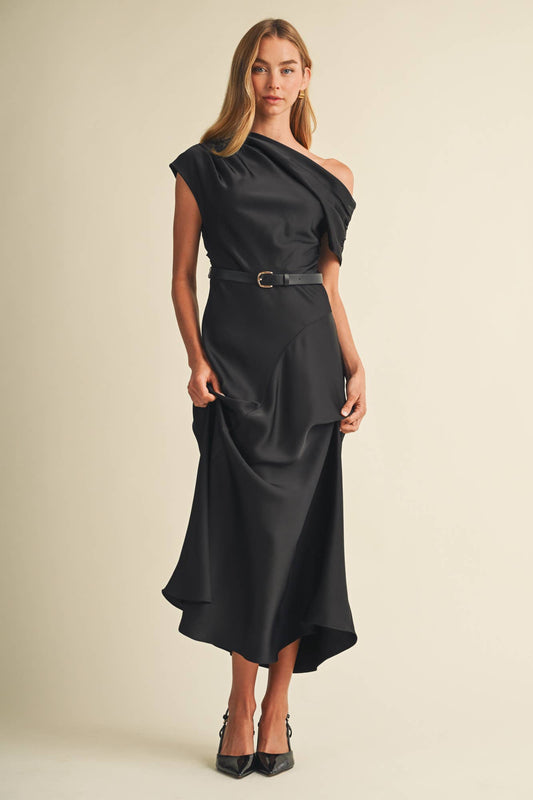 The Lara Asymmetric Cowl Neck Midi Dress