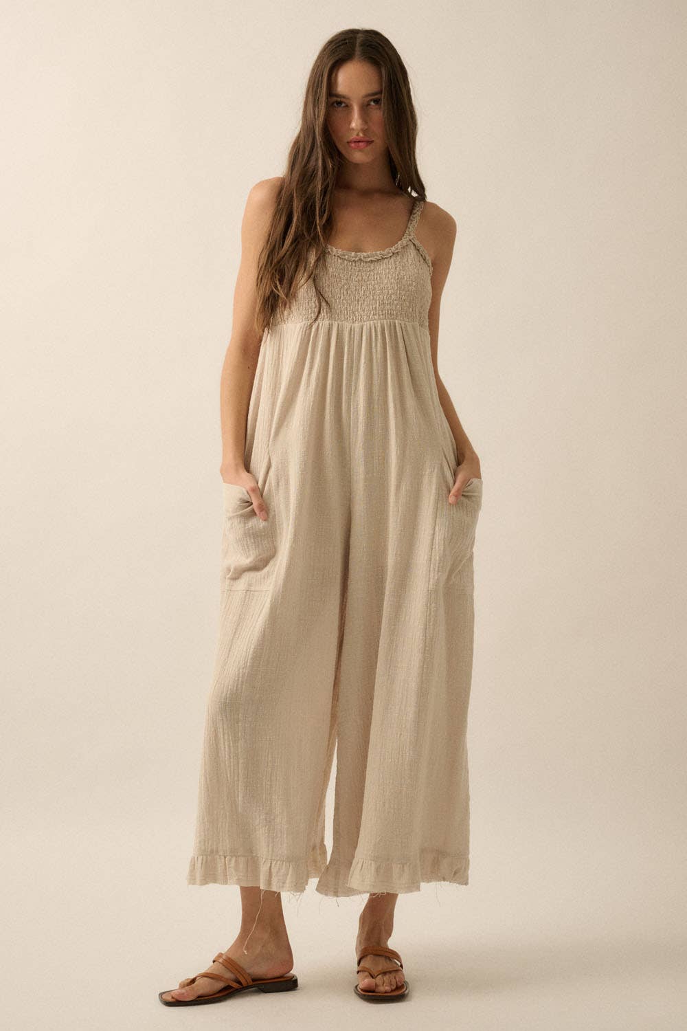 Missy Cotton Smocked Ruffled Wide-Leg Cropped Jumpsuit