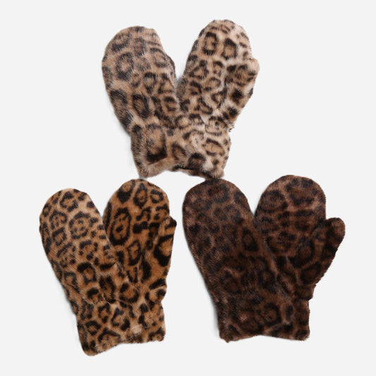 Leopard Print Faux Fur Mittens