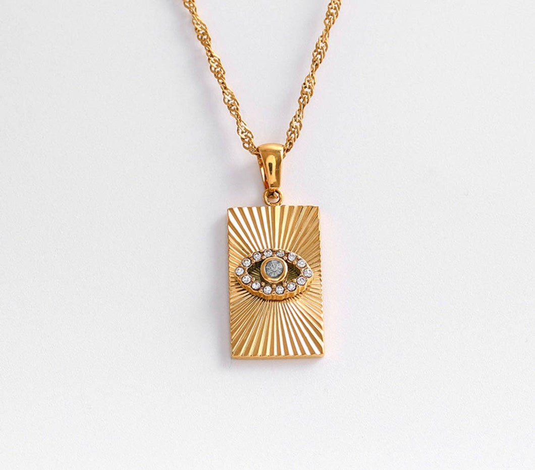 Evil Eye Talisman Tag Pendenat 14K Gold Steel Necklace