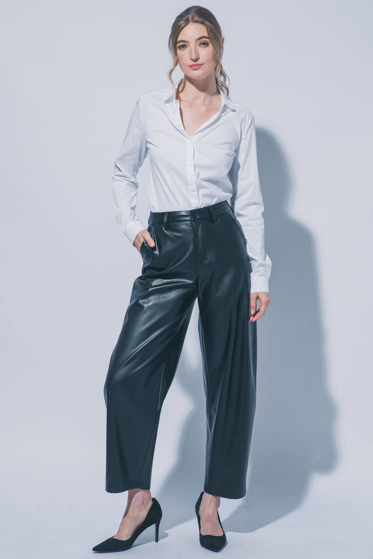 The Nora Faux Leather Barrel Pant