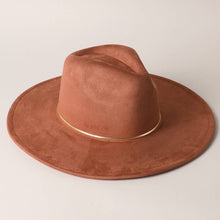Load image into Gallery viewer, Gold Belt Wide Flat Brim Suede Fedora Hat

