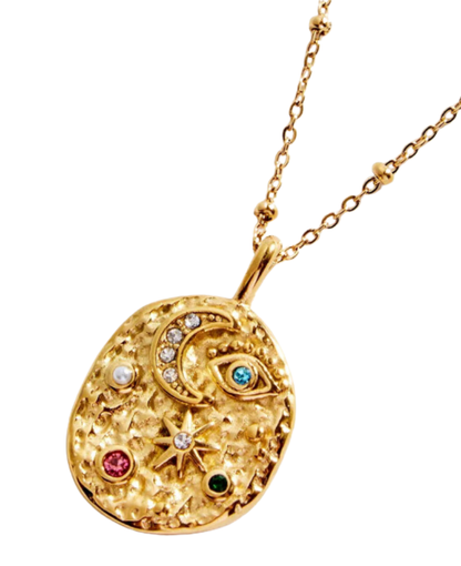 Confetti Coin- Evil Eye- Moon and Stars- Stainless Steel 14K Necklace