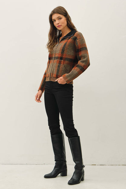 PLAID ZIP UP SWEATER JACKET