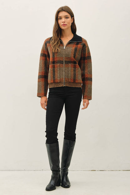 PLAID ZIP UP SWEATER JACKET