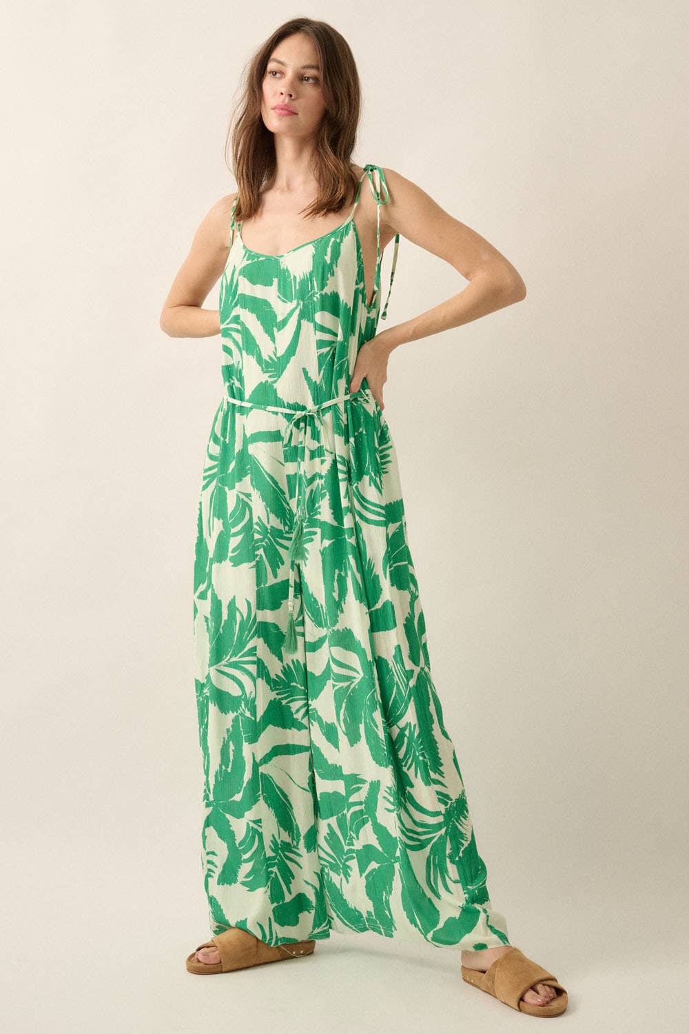 Rio Tropical-Print Crepe Belted Wide-Leg Cami Jumpsuit