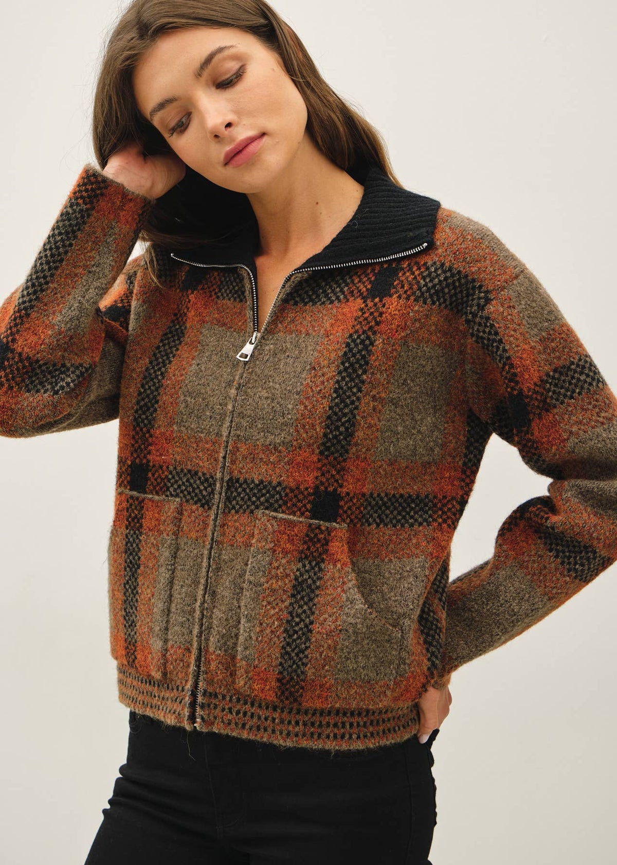 PLAID ZIP UP SWEATER JACKET