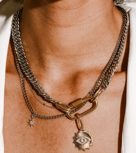 Load image into Gallery viewer,  14K Gold Plated Evil Eye Carabiner Charm Stacked Stainless Steel necklace
