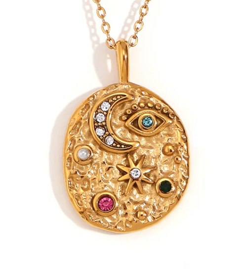 Confetti Coin- Evil Eye- Moon and Stars- Stainless Steel 14K Necklace