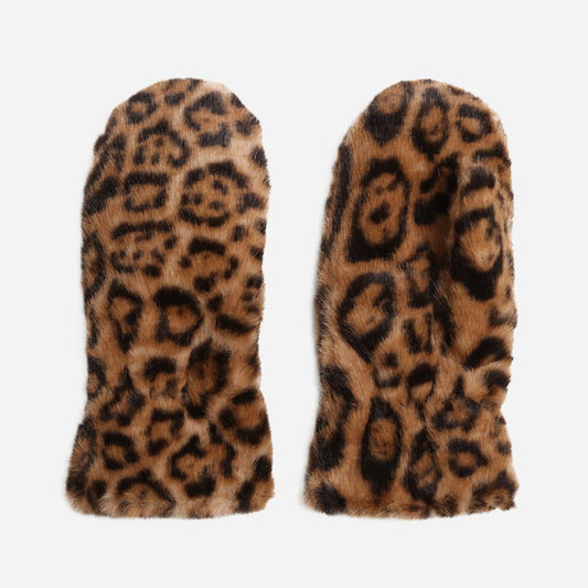Leopard Print Faux Fur Mittens