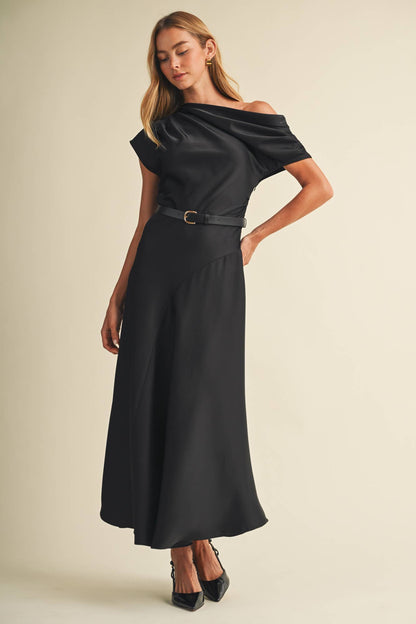 The Lara Asymmetric Cowl Neck Midi Dress