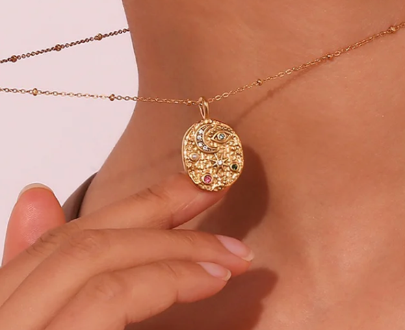 Confetti Coin- Evil Eye- Moon and Stars- Stainless Steel 14K Necklace