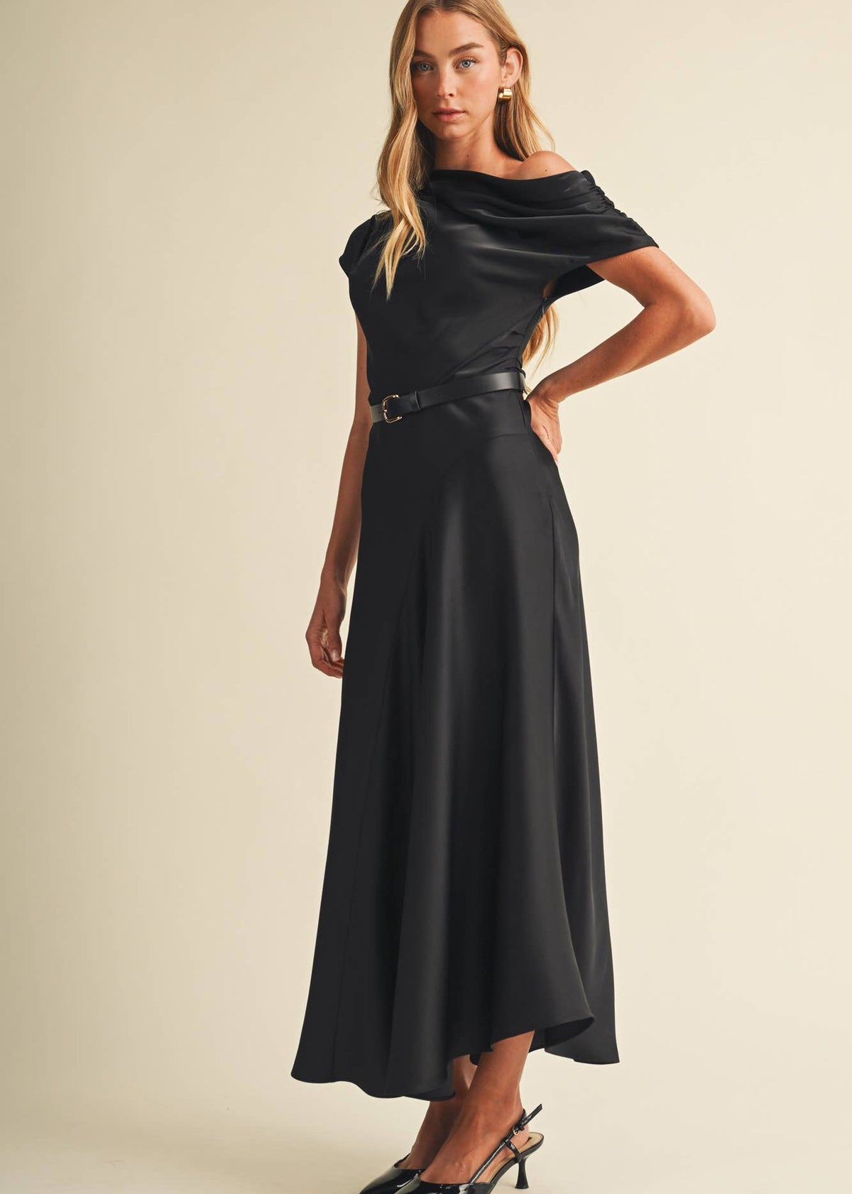 The Lara Asymmetric Cowl Neck Midi Dress