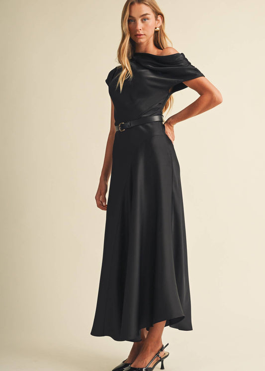 The Lara Asymmetric Cowl Neck Midi Dress