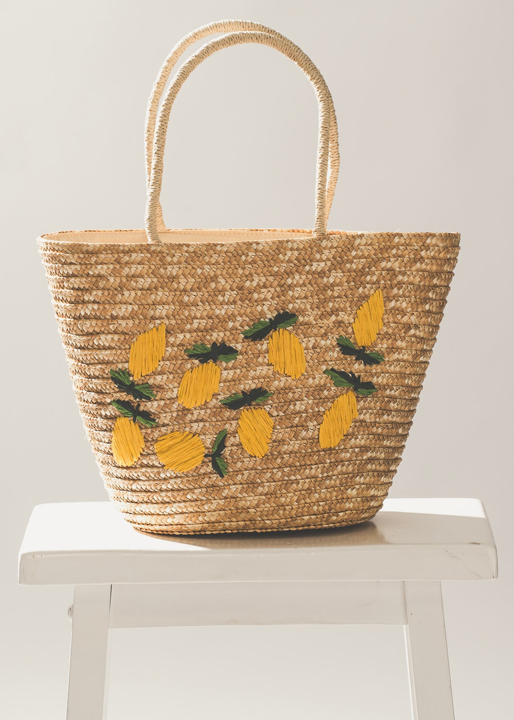 Lemon Embroidered Straw Tote Bag