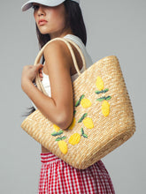 Load image into Gallery viewer, Lemon Embroidered Straw Tote Bag
