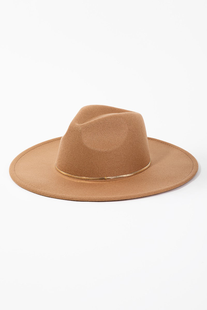 Gold Belt Wide Flat Brim Suede Fedora Hat