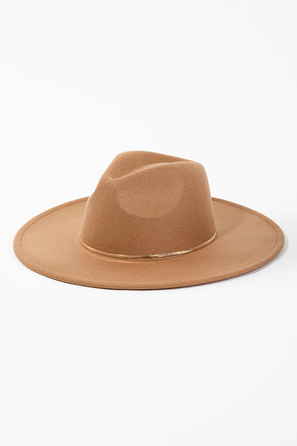 Gold Belt Wide Flat Brim Suede Fedora Hat