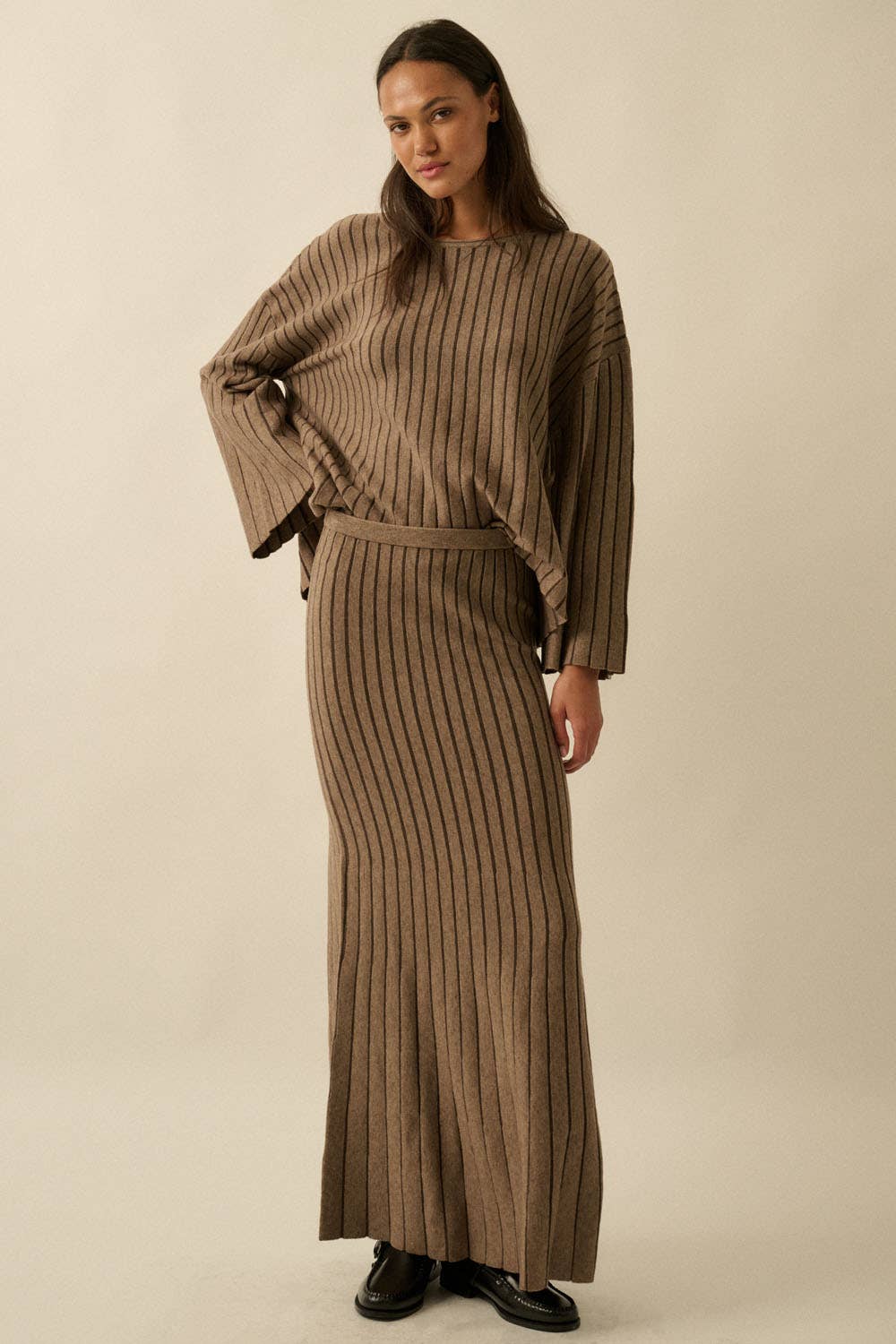 Striped Ribbed Knit Mermaid Maxi Skirt
