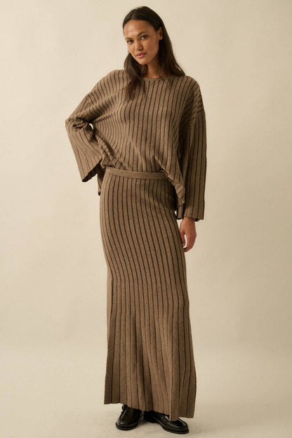 Striped Ribbed Knit Mermaid Maxi Skirt