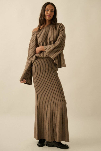 Striped Ribbed Knit Mermaid Maxi Skirt