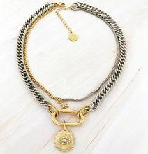 Load image into Gallery viewer,  14K Gold Plated Evil Eye Carabiner Charm Stacked Stainless Steel necklace
