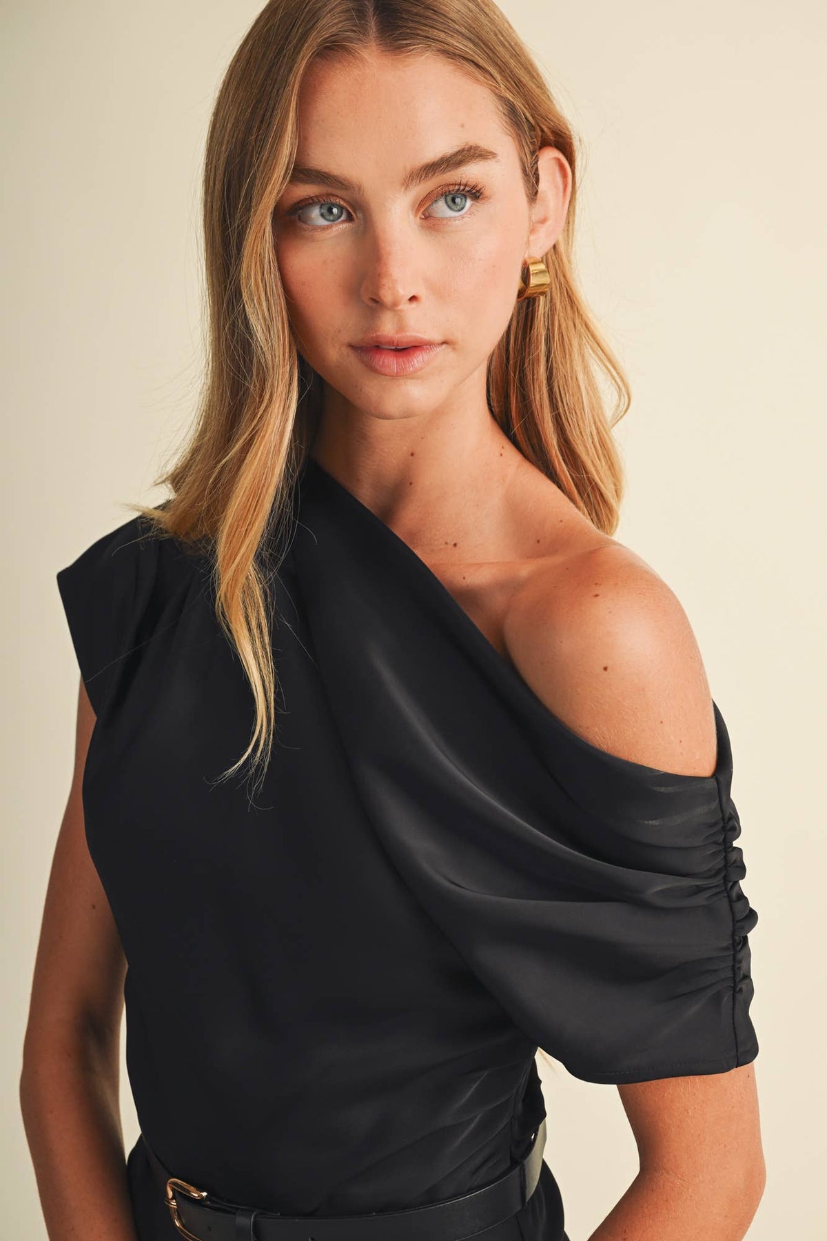 The Lara Asymmetric Cowl Neck Midi Dress
