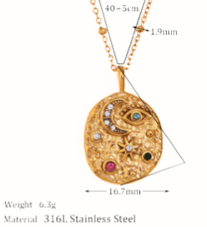 Confetti Coin- Evil Eye- Moon and Stars- Stainless Steel 14K Necklace