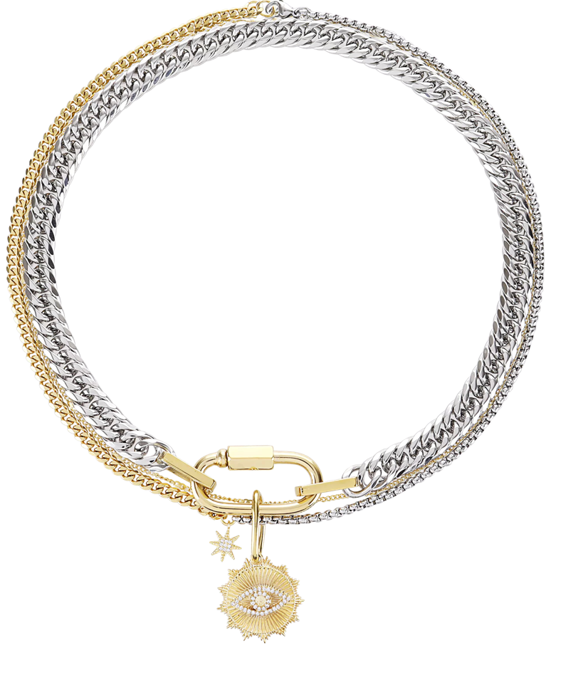  14K Gold Plated Evil Eye Carabiner Charm Stacked Stainless Steel necklace