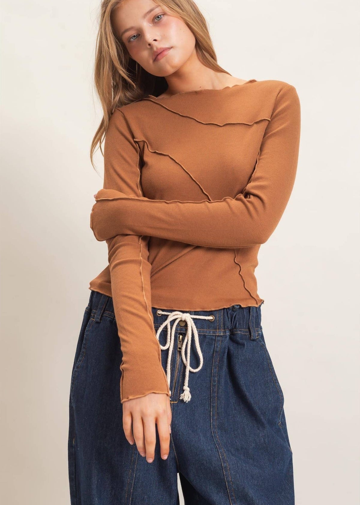 Ruffled Ribbed Long Sleeve Top (2 Colors)