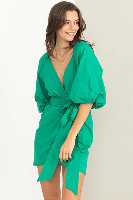 Balloon Sleeve Wrap Dress (2 Colors)